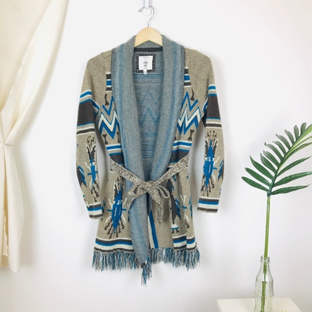 F21 Boho Fringe Hem Belted Tan & Blue Cardigan